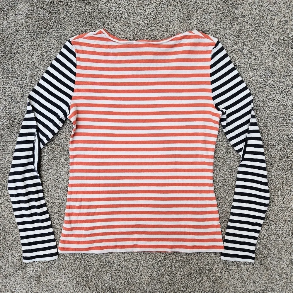 Tory Burch Multi Color Striped Long Sleeve Tee Shirt Peach White Navy Blue Small